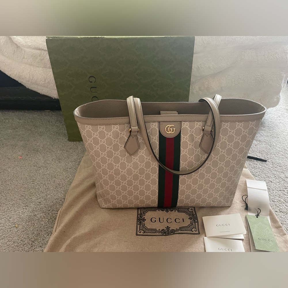 GG Monogram Textured Calfskin Ophidia Shopping Tote Beige Mystic White Oatmeal